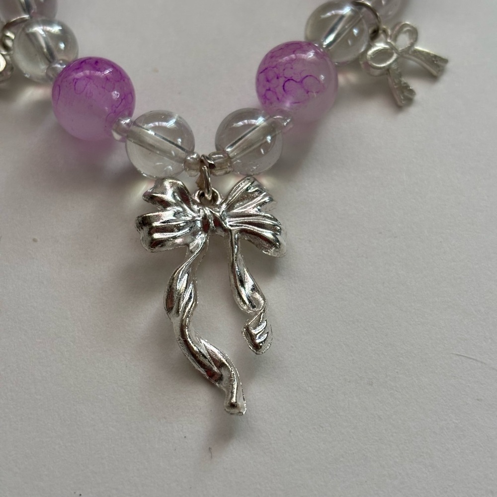 Silver plated Bow Pendant Necklace with Lilac Beads - Women Jewelry